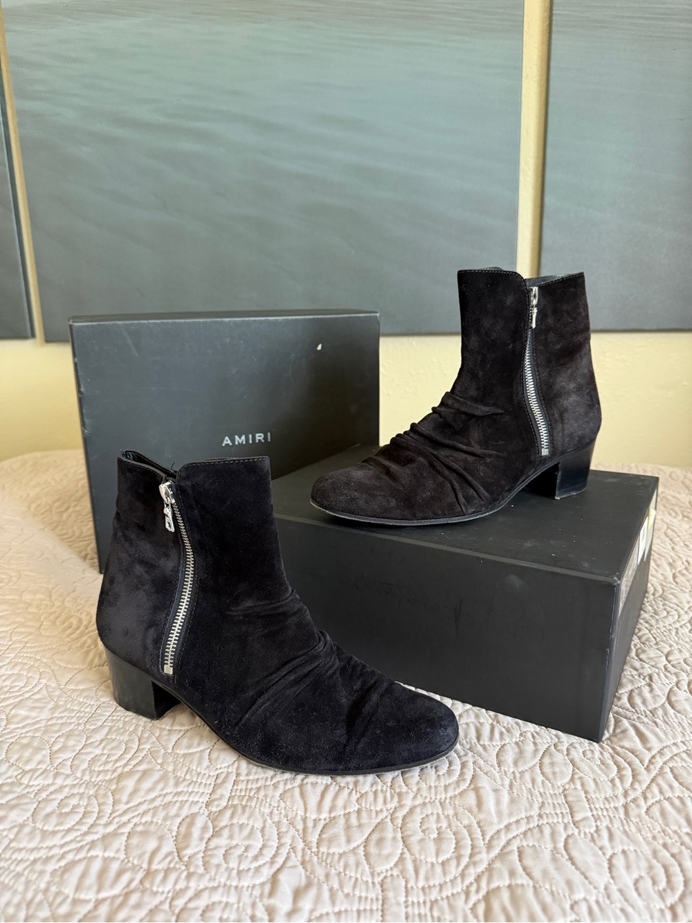AMIRI Black Suede Side-Zip Ruched Ankle Boots